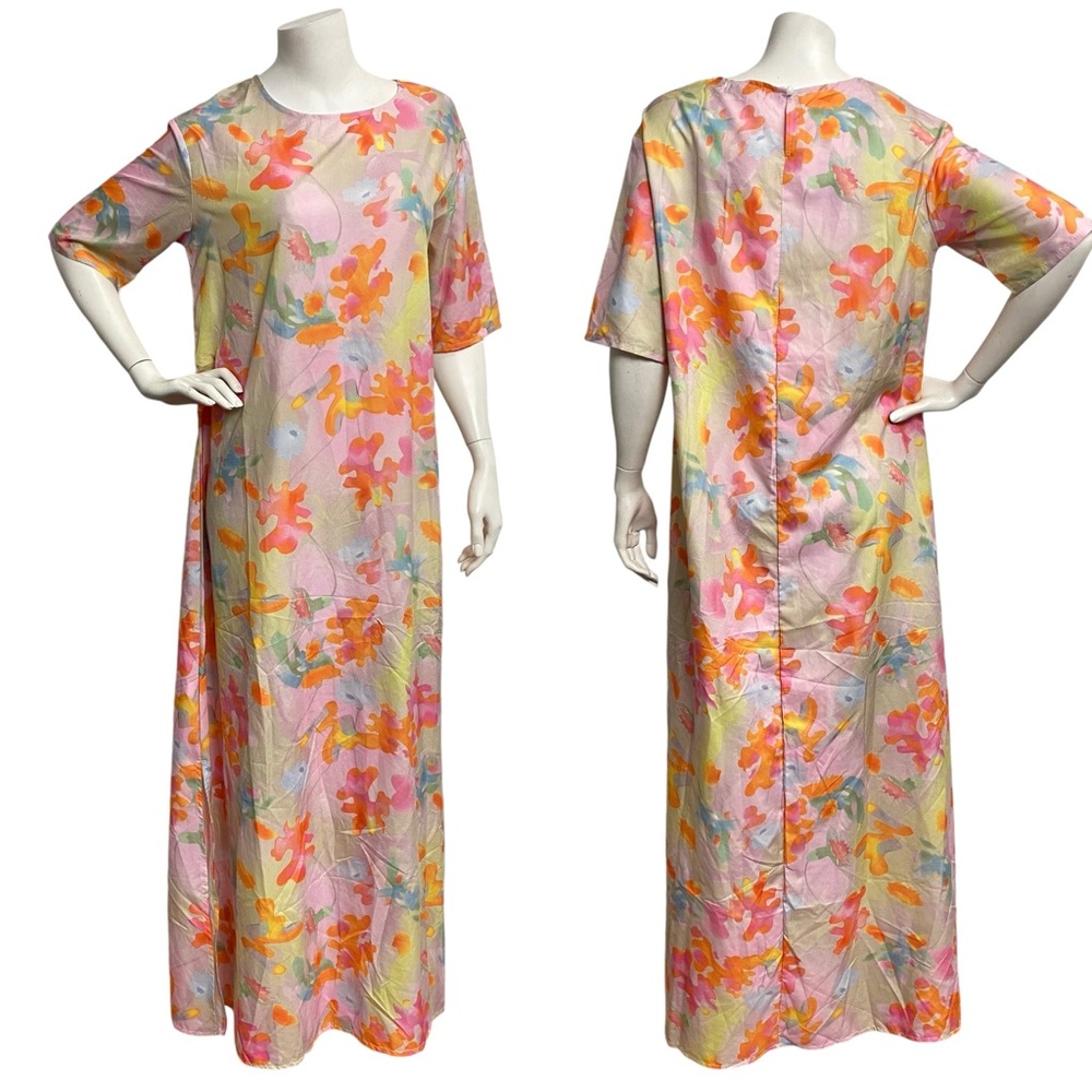 FLAWED Mislook Women's S Long Maxi Dress Orange Yellow 1/2 Sleeve 100% Polyester